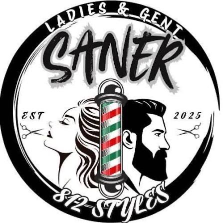 Saner 812 Styles logo: barber pole between a woman and a bearded man