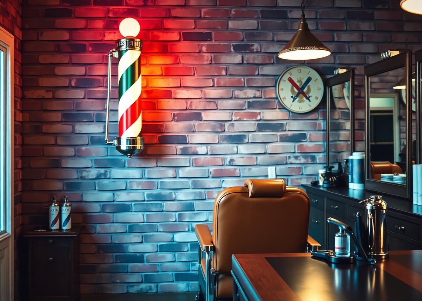 Classic barbershop decor with lit barber pole, leather chair and grooming tools at Saner 812 Styles